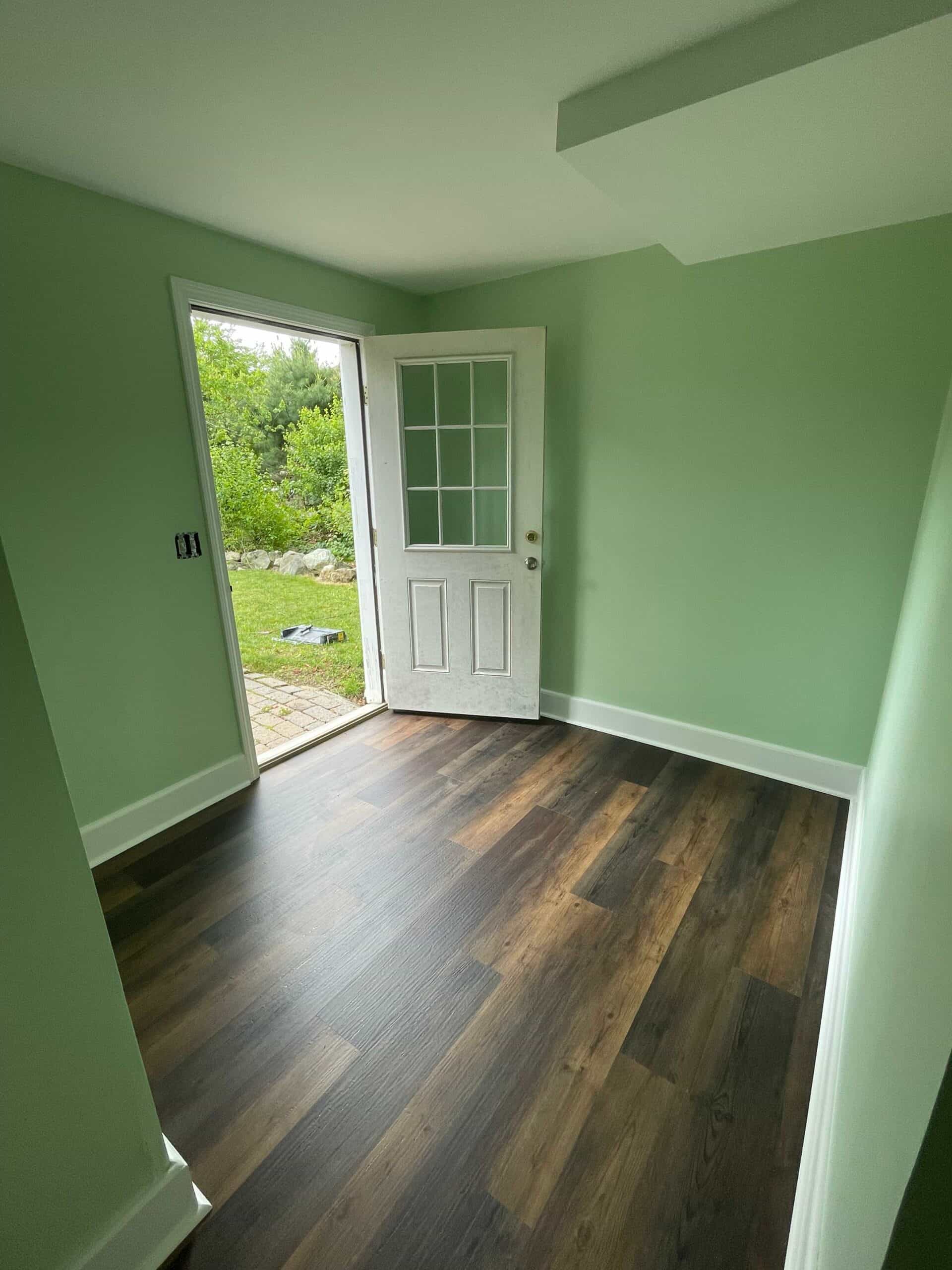 Finished mudroom with soft green walls, white trim, and dark plank flooring by the back door