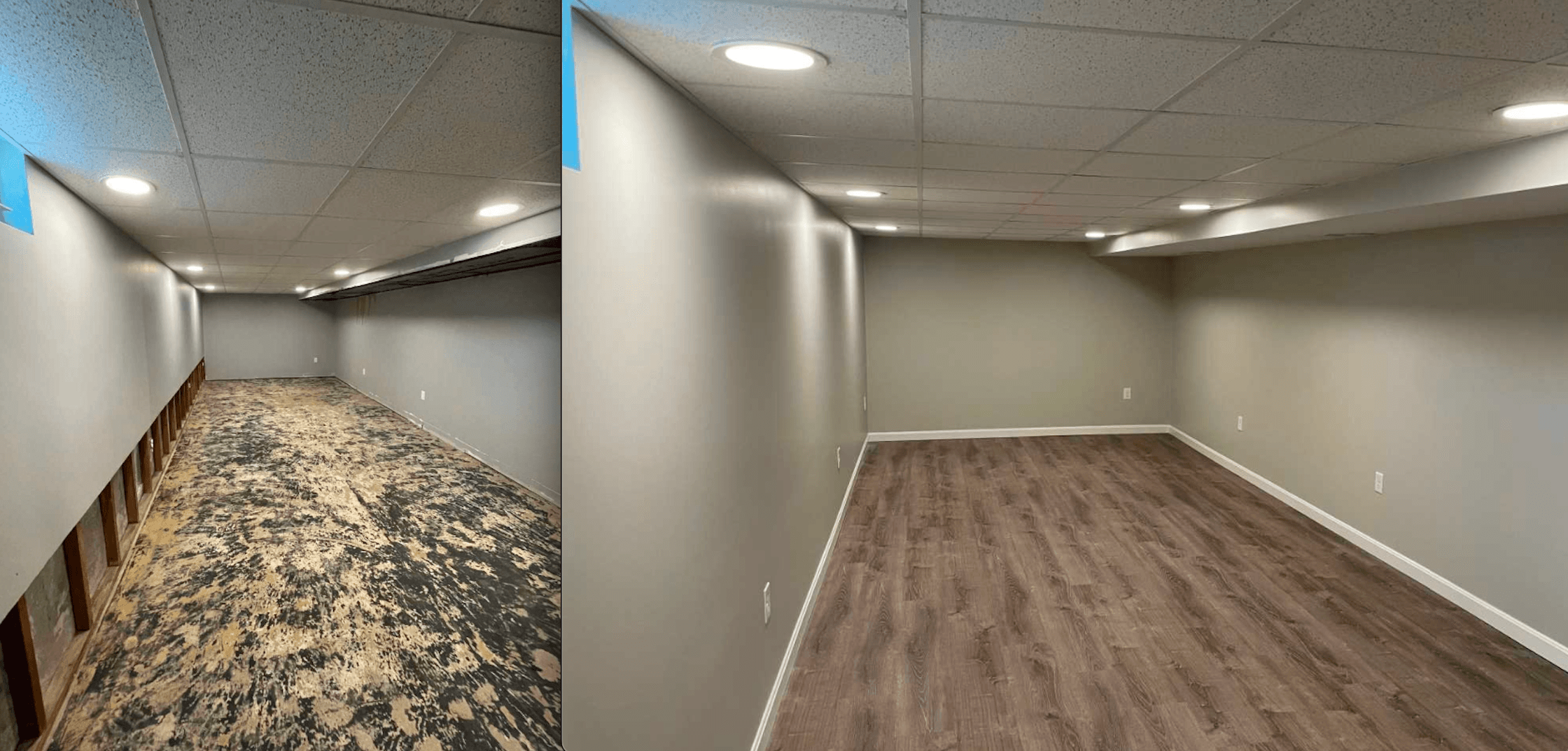 Before and after basement finish, a second view of the repainted walls and new flooring