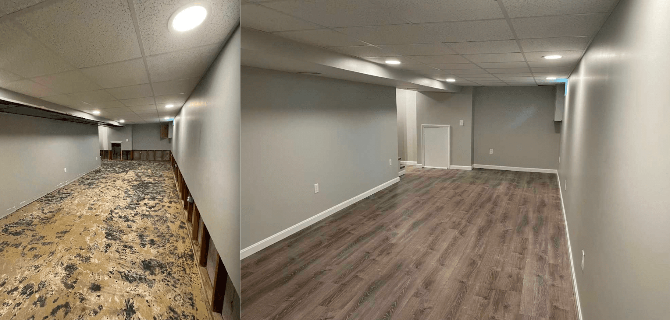Before and after basement finish, repainted walls and new plank flooring