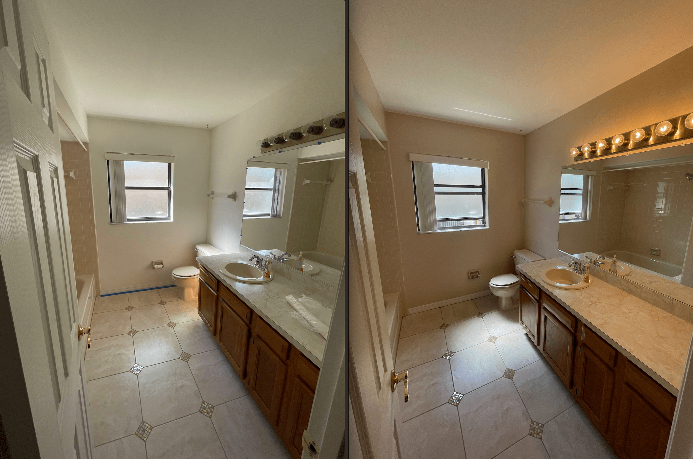 Before and after bathroom repaint, walls refreshed in a warm neutral above the tile floor and wood vanity
