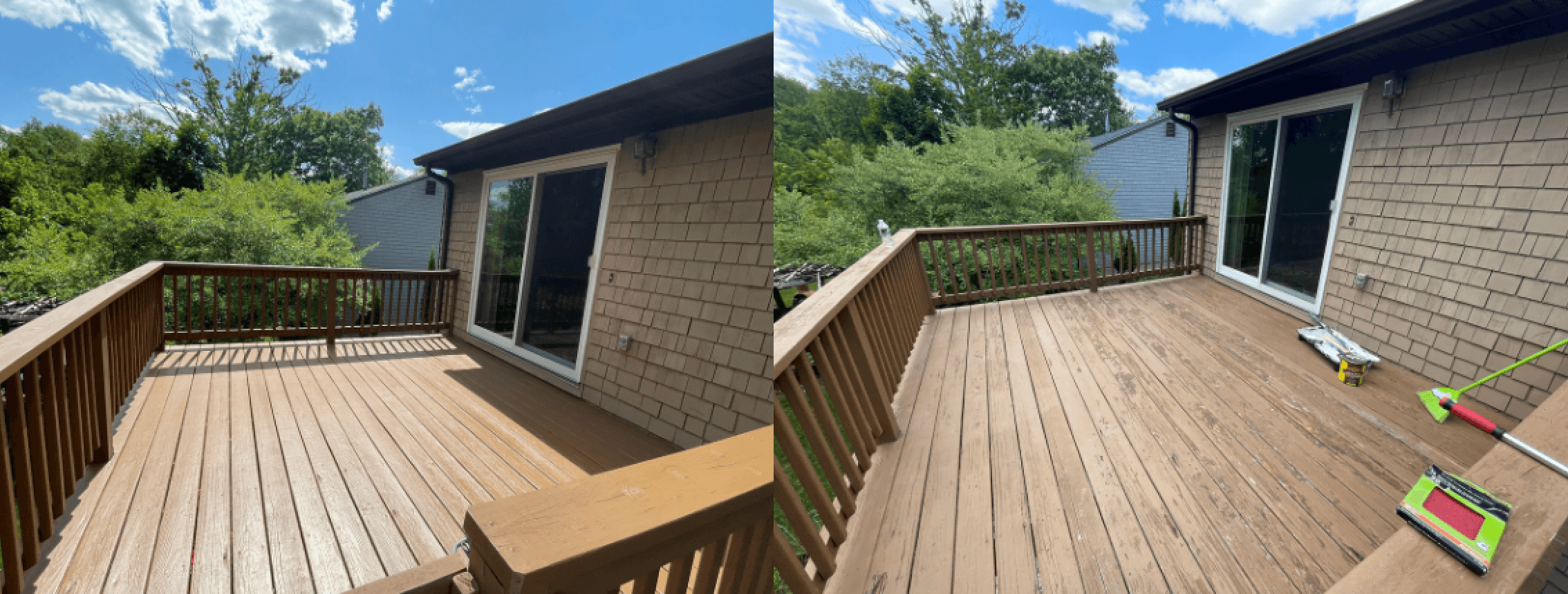 Before and after deck refinish, boards and railings brought back to an even stain