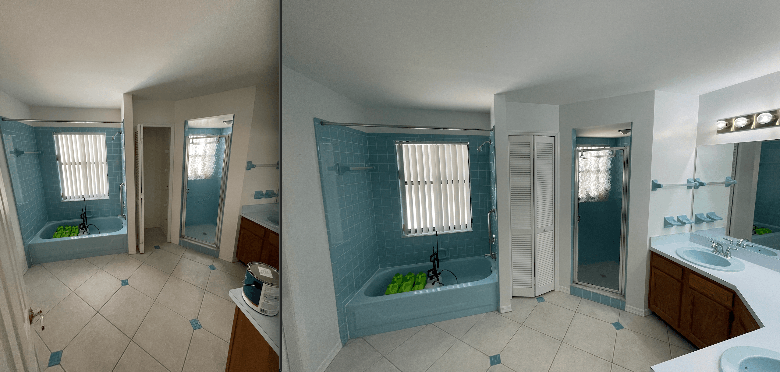 Before and after bathroom repaint around an existing blue tile tub and shower