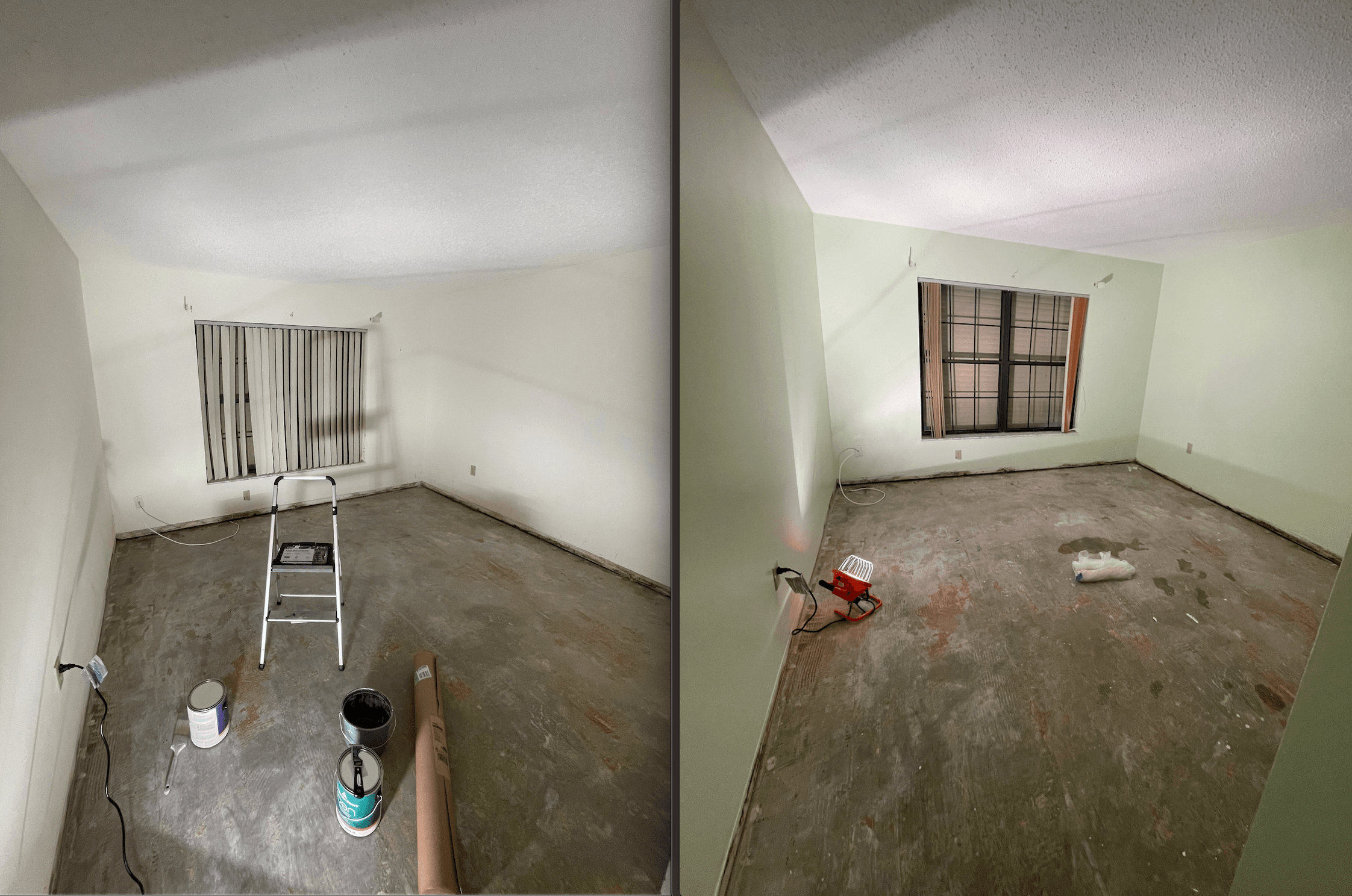 Before and after interior repaint from scuffed white walls to a soft green finish