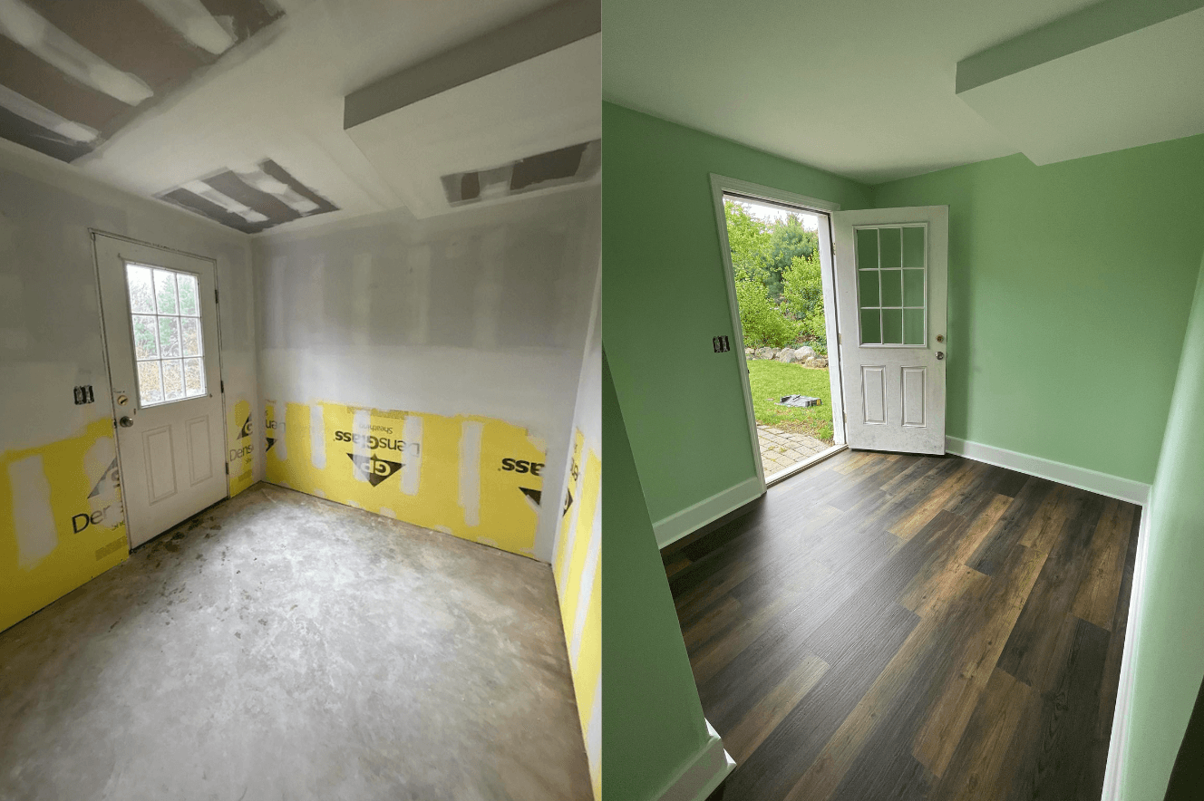Before and after mudroom finish, bare drywall to soft green walls and new dark plank flooring