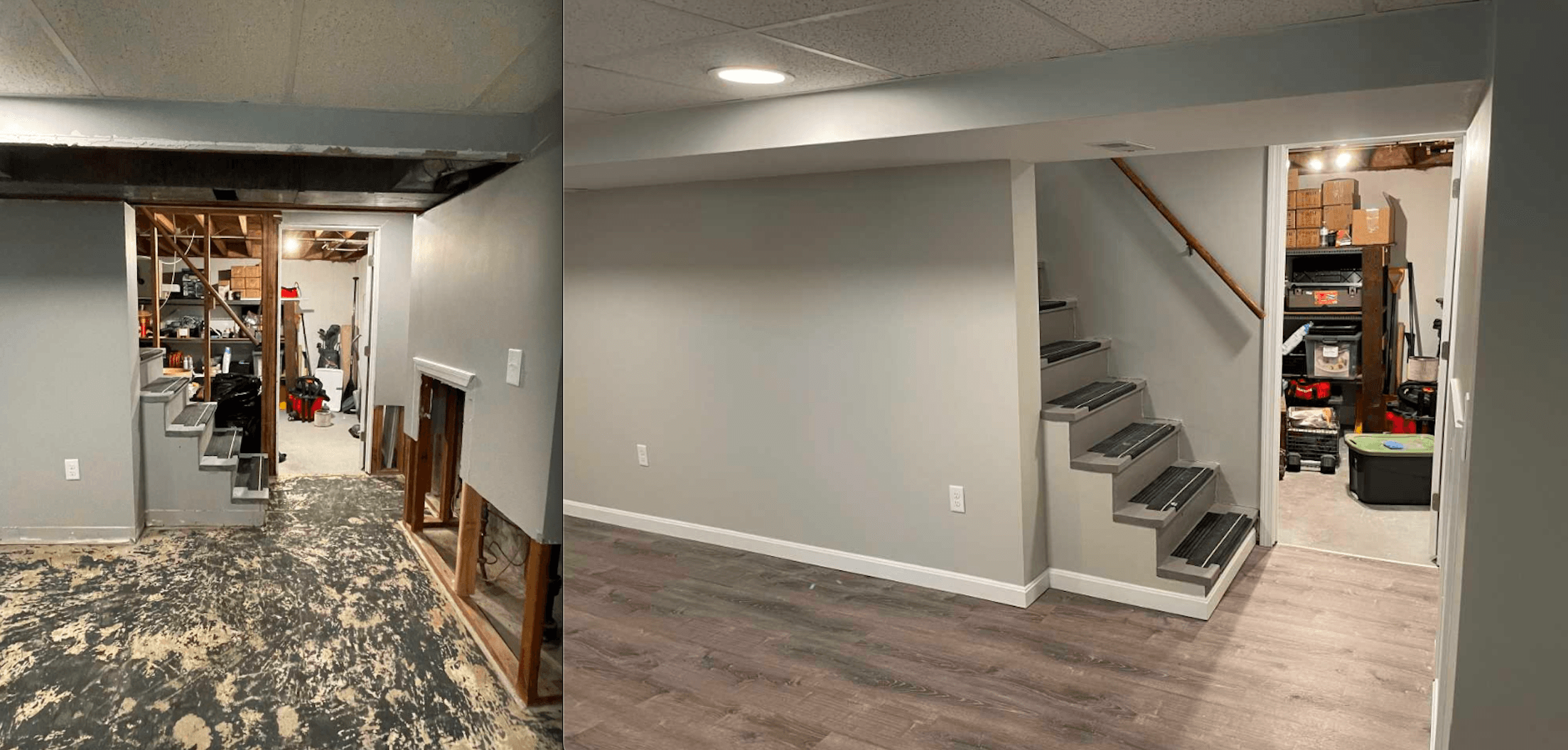 Before and after basement stairwell, repainted walls with refinished stairs and flooring