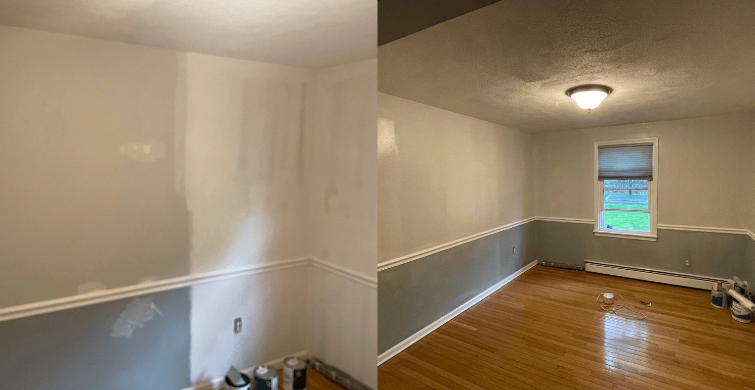 Before and after two-tone interior repaint, patched walls to a finished gray and white room with a chair rail