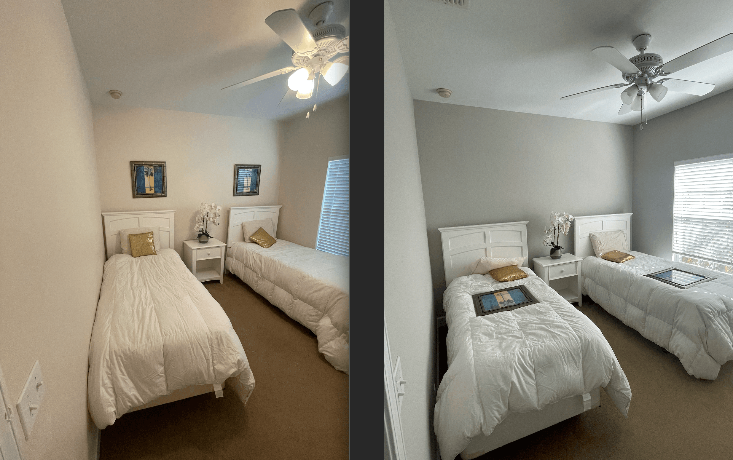 Before and after twin bedroom repaint from beige to a soft gray