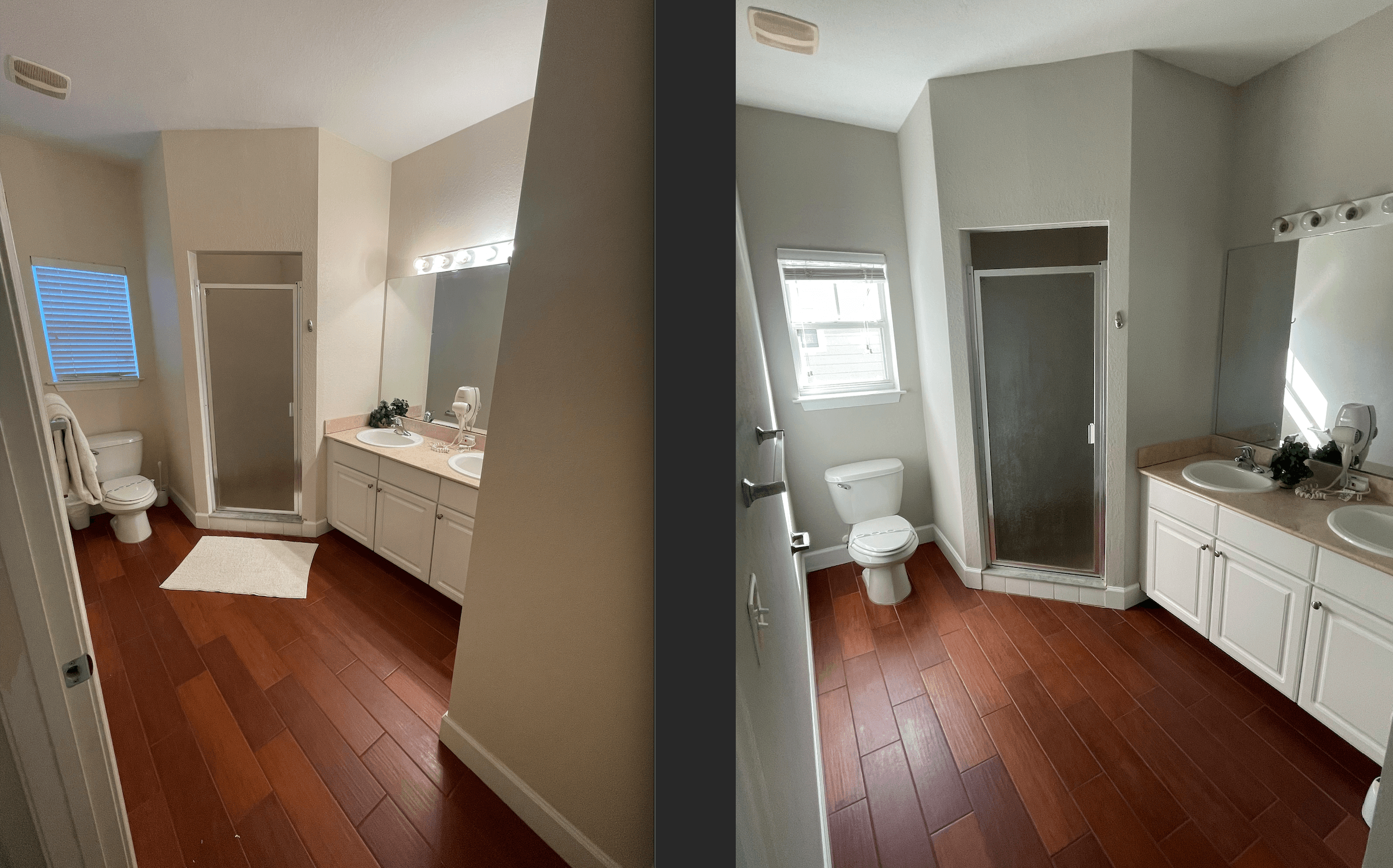 Before and after bathroom repaint in a soft gray over wood-look tile floors and a white vanity