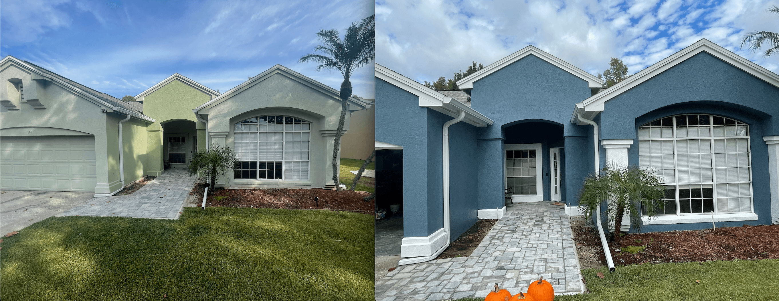 Before and after exterior repaint of an Orlando area home, pale green stucco to a deep blue-gray with crisp white trim