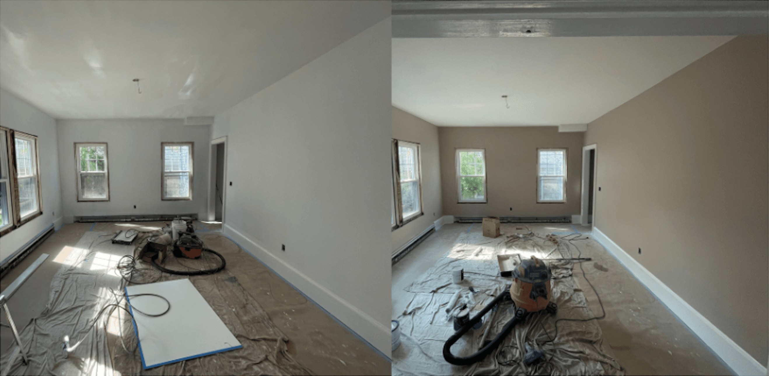 Before and after living room repaint, walls skim coated and finished in a warm beige
