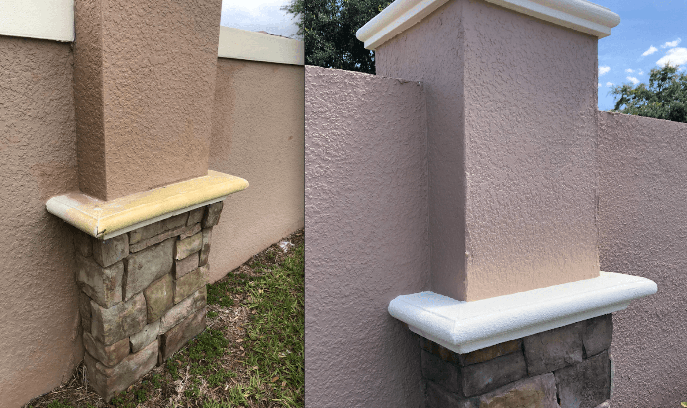 Before and after repaint of a community wall column, stucco recoated and the cap trim finished in clean white