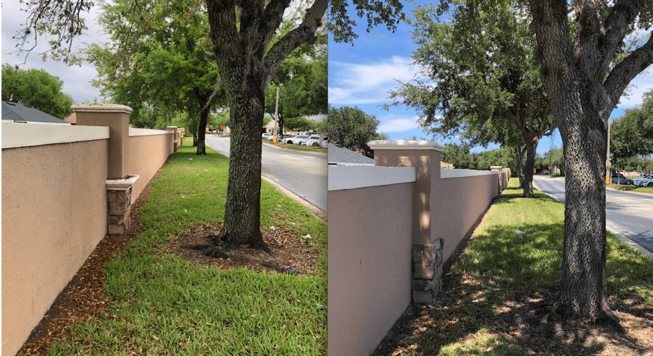 Before and after repaint of a long community perimeter wall in warm tan, shown along the street